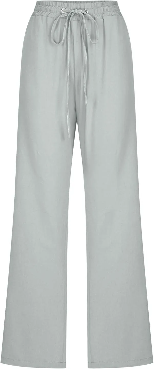 Linen Pants Women Straight Wide Leg Pants High Waisted Casual Summer Pants Lounge Beach Trousers with Pockets