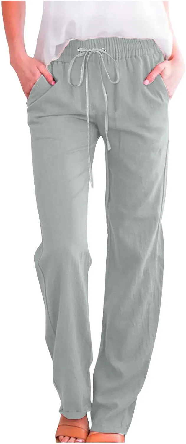 Linen Pants Women Straight Wide Leg Pants High Waisted Casual Summer Pants Lounge Beach Trousers with Pockets