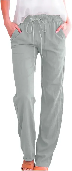 Linen Pants Women Straight Wide Leg Pants High Waisted Casual Summer Pants Lounge Beach Trousers with Pockets