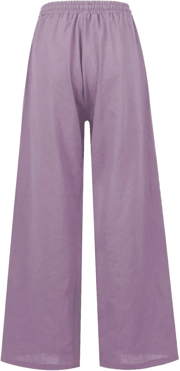 Linen Pants Women Summer Elastic High Waisted Wide Leg Pants Drawstring Lightweight Summer Pants Boho Beach Trousers