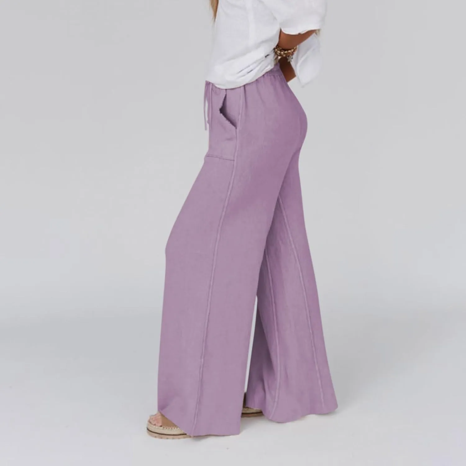 Linen Pants Women Summer Elastic High Waisted Wide Leg Pants Drawstring Lightweight Summer Pants Boho Beach Trousers