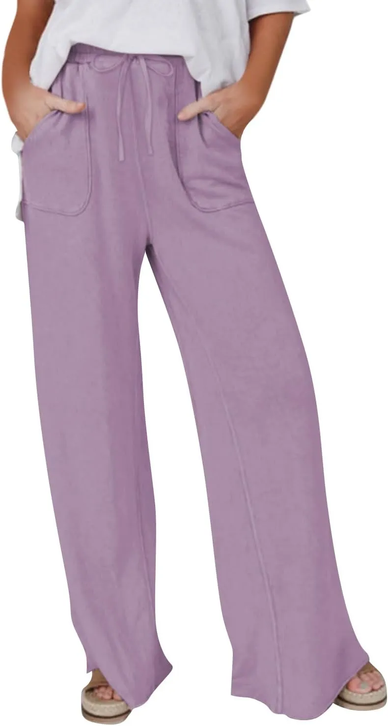 Linen Pants Women Summer Elastic High Waisted Wide Leg Pants Drawstring Lightweight Summer Pants Boho Beach Trousers