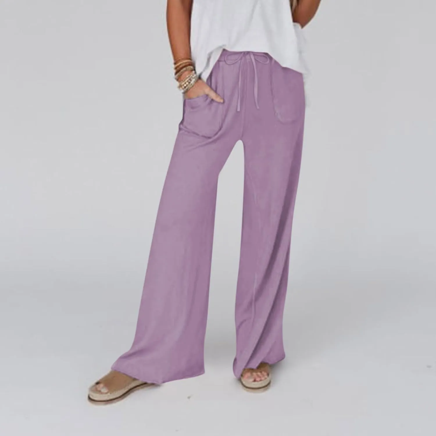 Linen Pants Women Summer Elastic High Waisted Wide Leg Pants Drawstring Lightweight Summer Pants Boho Beach Trousers