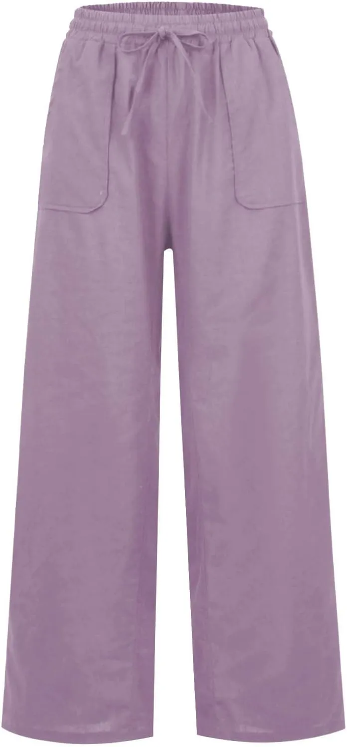 Linen Pants Women Summer Elastic High Waisted Wide Leg Pants Drawstring Lightweight Summer Pants Boho Beach Trousers