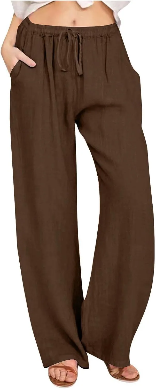 Linen Pants Women's Summer Wide Leg Pants Drawstring Elastic Waist Pants High Waisted Lounge Pants Beach Trousers