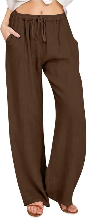 Linen Pants Women's Summer Wide Leg Pants Drawstring Elastic Waist Pants High Waisted Lounge Pants Beach Trousers