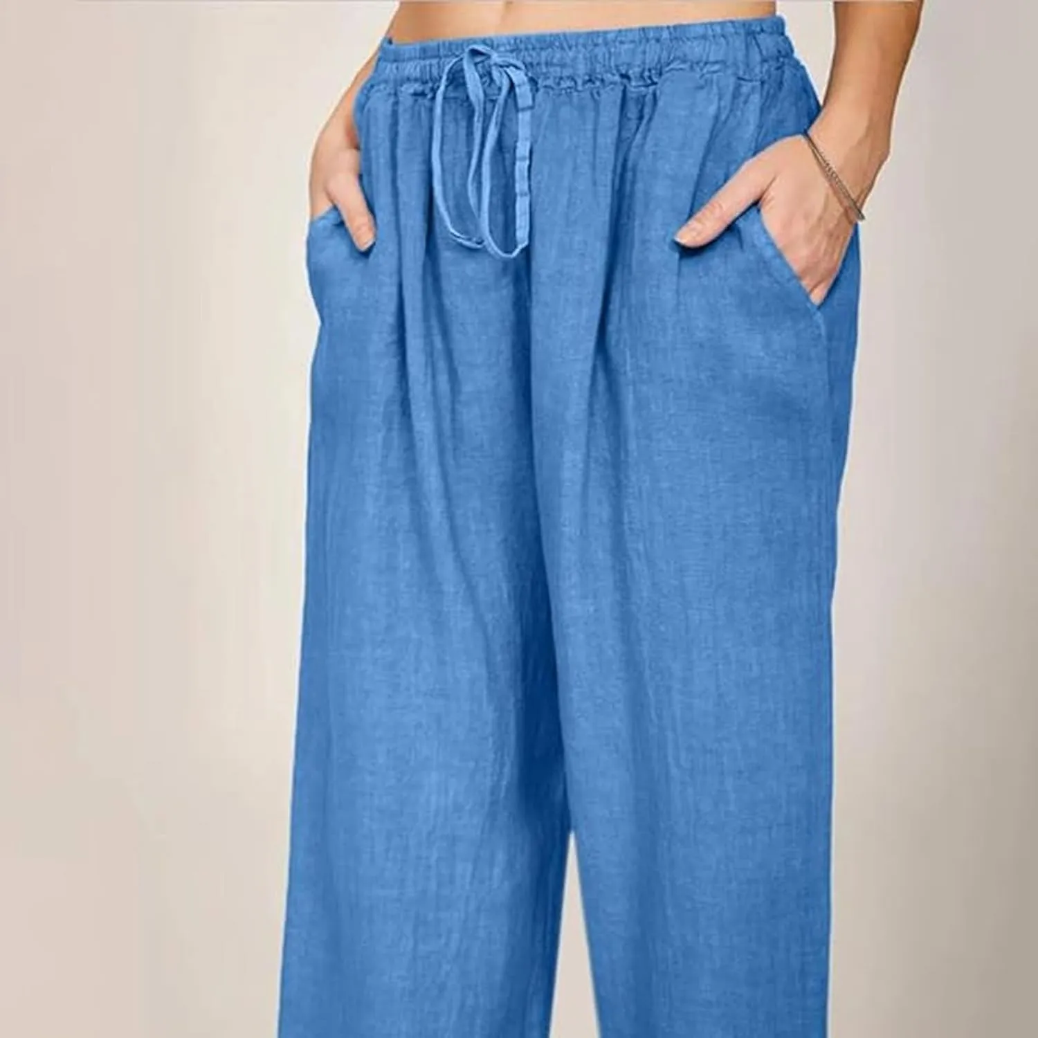 Linen Pants Women's Summer Wide Leg Pants Drawstring Elastic Waist Pants High Waisted Lounge Pants Beach Trousers