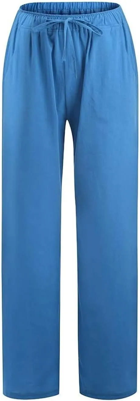 Linen Pants Women's Summer Wide Leg Pants Drawstring Elastic Waist Pants High Waisted Lounge Pants Beach Trousers
