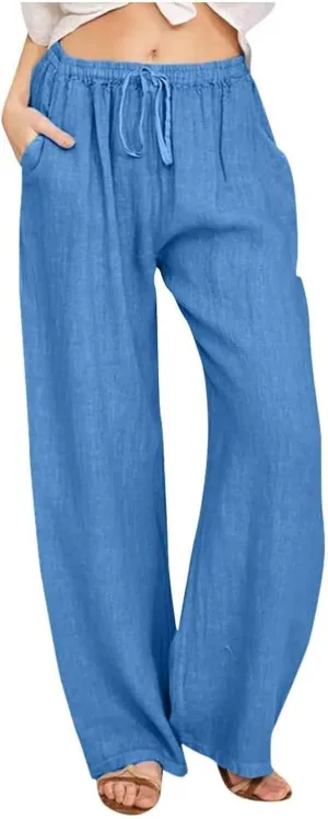 Linen Pants Women's Summer Wide Leg Pants Drawstring Elastic Waist Pants High Waisted Lounge Pants Beach Trousers