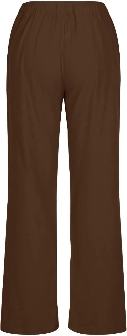 Linen Pants Women's Summer Wide Leg Pants Drawstring Elastic Waist Pants High Waisted Lounge Pants Beach Trousers