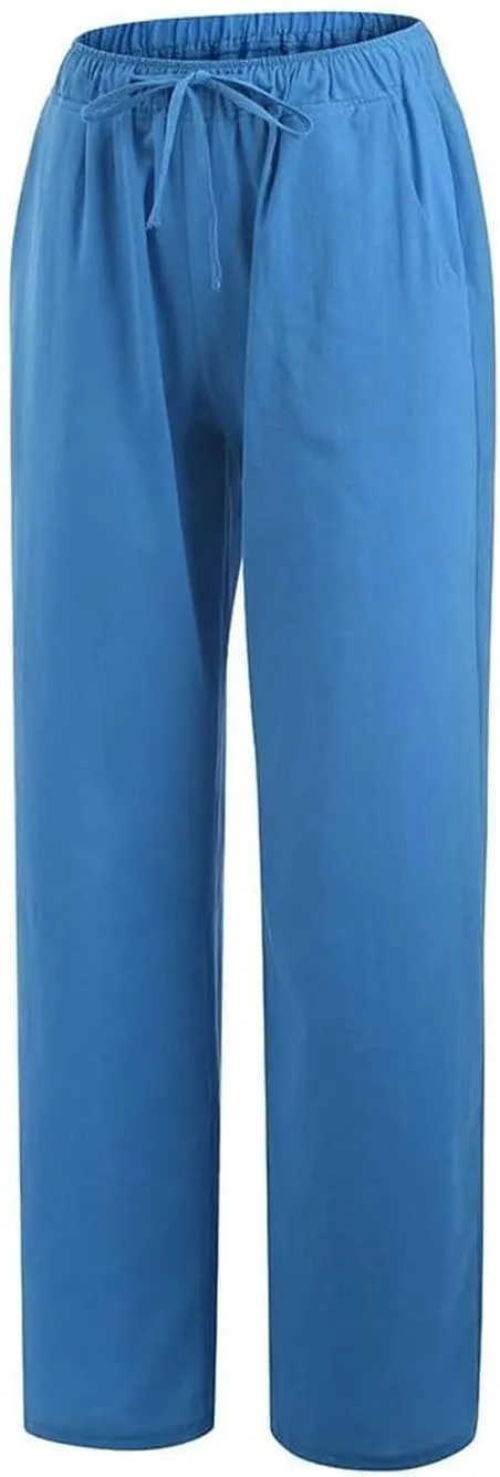 Linen Pants Women's Summer Wide Leg Pants Drawstring Elastic Waist Pants High Waisted Lounge Pants Beach Trousers