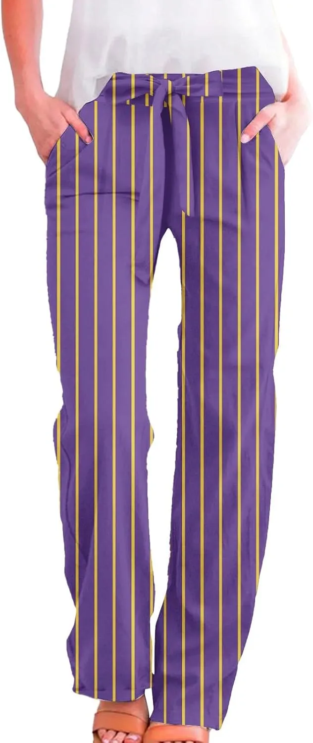Linen Wide Leg Pants for Women High Waisted Adjustable Tie Knot Work Loose Flowy Beach Long Trousers with Pockets