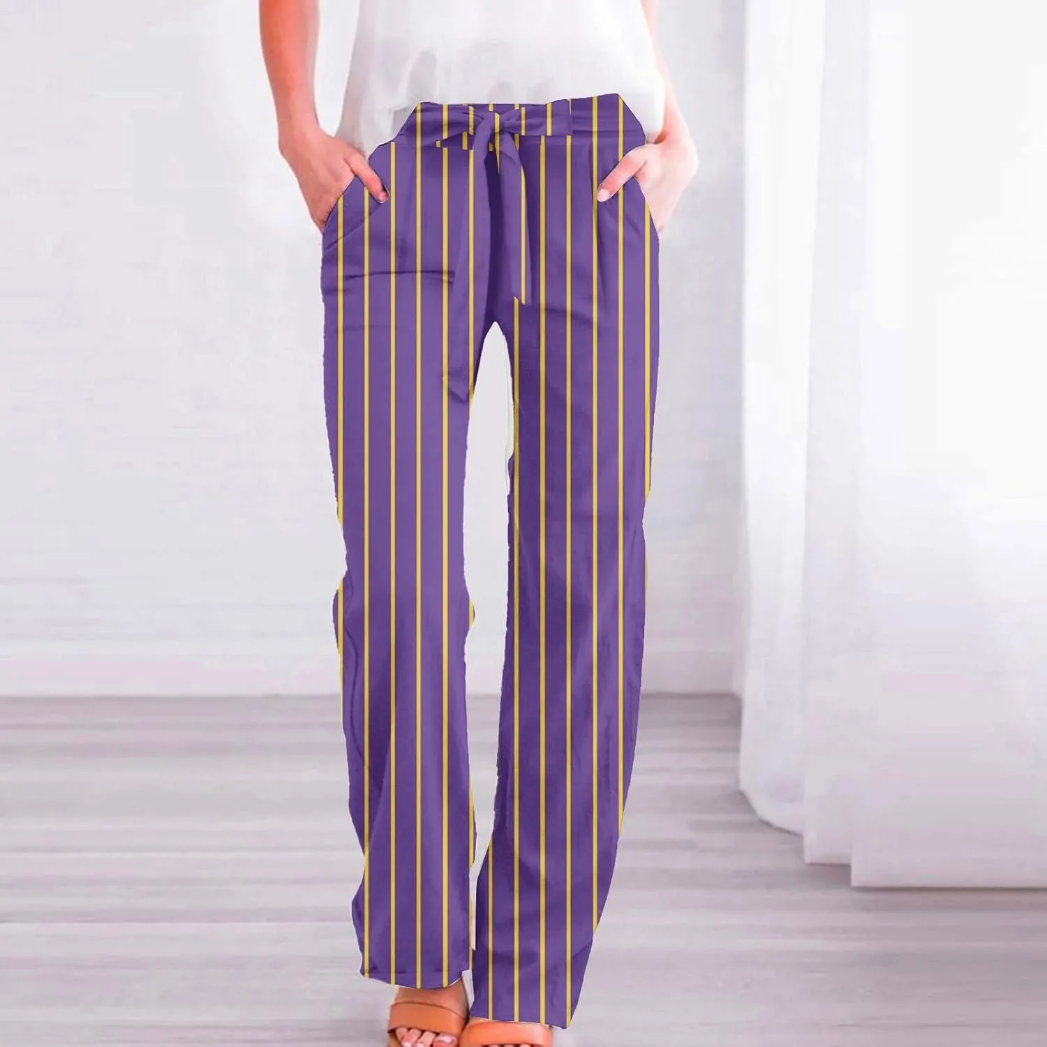 Linen Wide Leg Pants for Women High Waisted Adjustable Tie Knot Work Loose Flowy Beach Long Trousers with Pockets