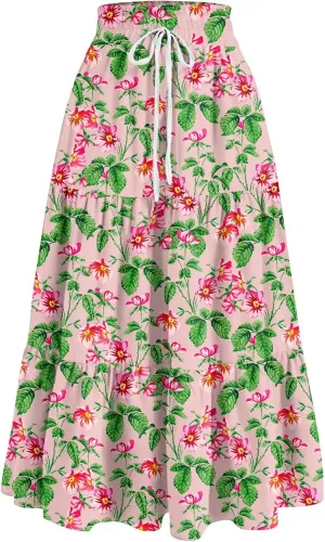 Long Skirts for Women 2025 Summer Floral Print Pleated Dress High Waist A Line Maxi Skirts Beach Flowy Boho Dresses