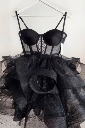 Luolandi Black Tulle Short Prom Dresses A-Line Mini Party Dresses Sexy Homecoming Dresses