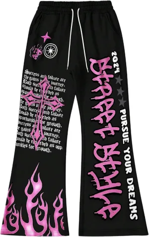 Men's Baggy Flare Sweatpants Y2k Graphic Drawstring Waist Street Jogger Pants with Pocket
