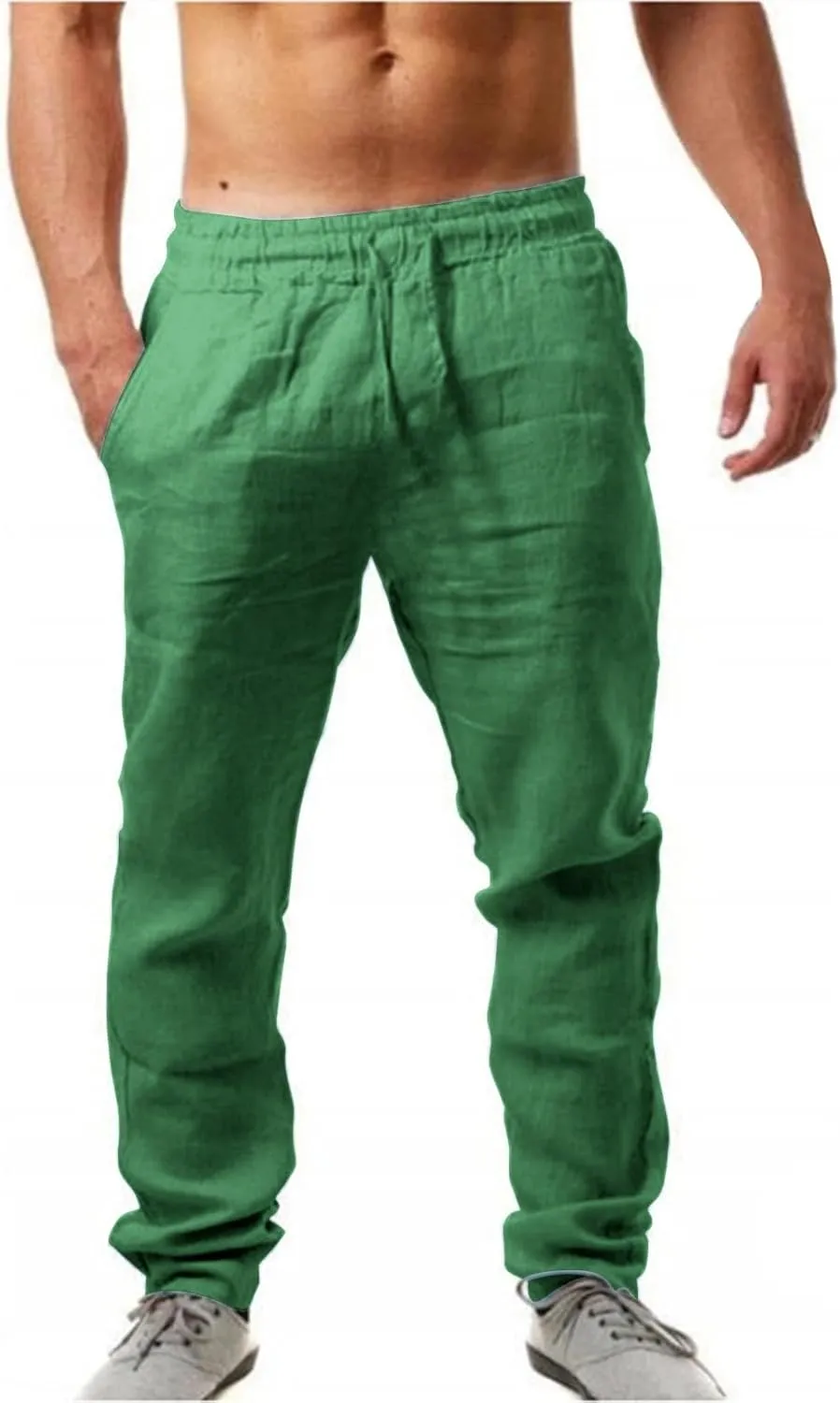 Men's Cotton Linen Athletic Gym Pants Stretch Elastic Waist Joggers Hiking Hunting Work Trousers Beach Pants Black Chino Mens Yoga Pants