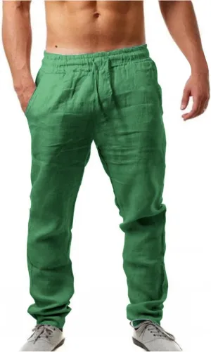 Men's Cotton Linen Athletic Gym Pants Stretch Elastic Waist Joggers Hiking Hunting Work Trousers Beach Pants Black Chino Mens Yoga Pants