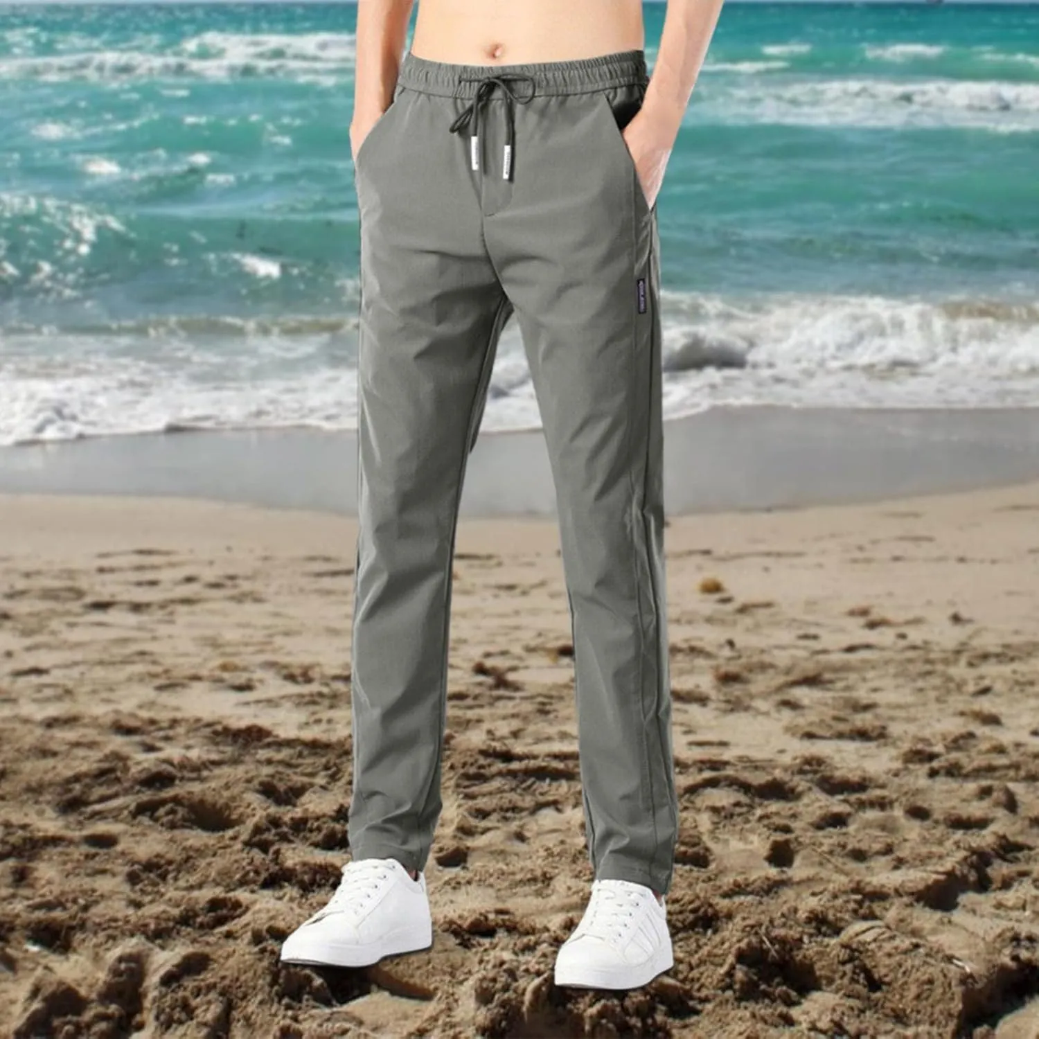 Mens Cotton Linen Pants Drawstring Elastic Waist Straight Leg Pant Workout Sport Pants Multi-Pocket Trousers