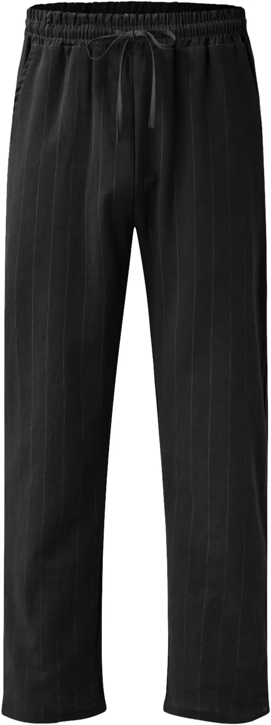 Men's Cotton Linen Pants Striped Beach Pants Baggy Fit Drawstring Sweatpants Breathable Casual Yoga Slacks Trousers