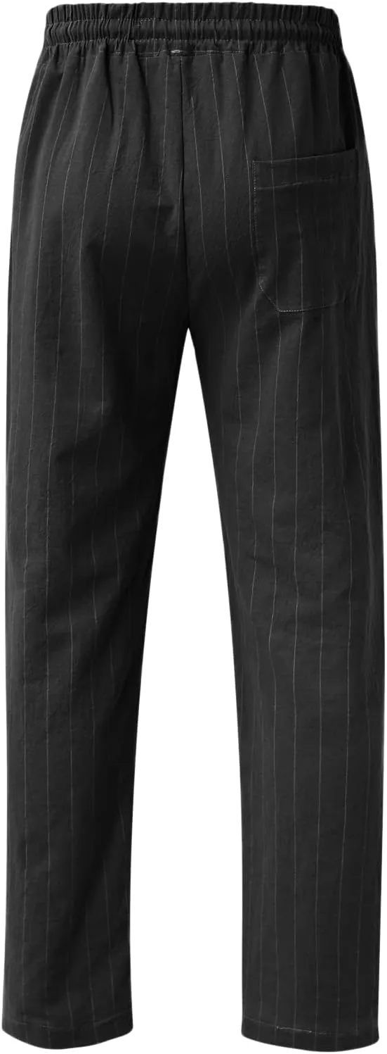 Men's Cotton Linen Pants Striped Beach Pants Baggy Fit Drawstring Sweatpants Breathable Casual Yoga Slacks Trousers