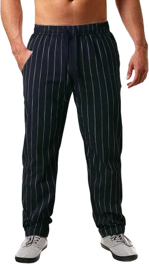 Men's Cotton Linen Pants Striped Beach Pants Baggy Fit Drawstring Sweatpants Breathable Casual Yoga Slacks Trousers