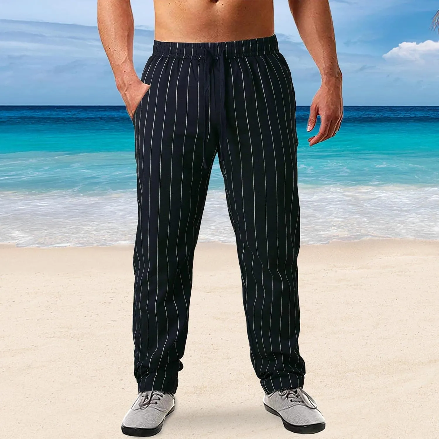 Men's Cotton Linen Pants Striped Beach Pants Baggy Fit Drawstring Sweatpants Breathable Casual Yoga Slacks Trousers