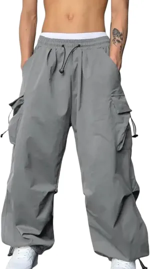 Mens Hiking Parachute Pants High Waist Drawstring Travel Pants Summer Wide Leg Comfy Athletic Trousers with Pockets
