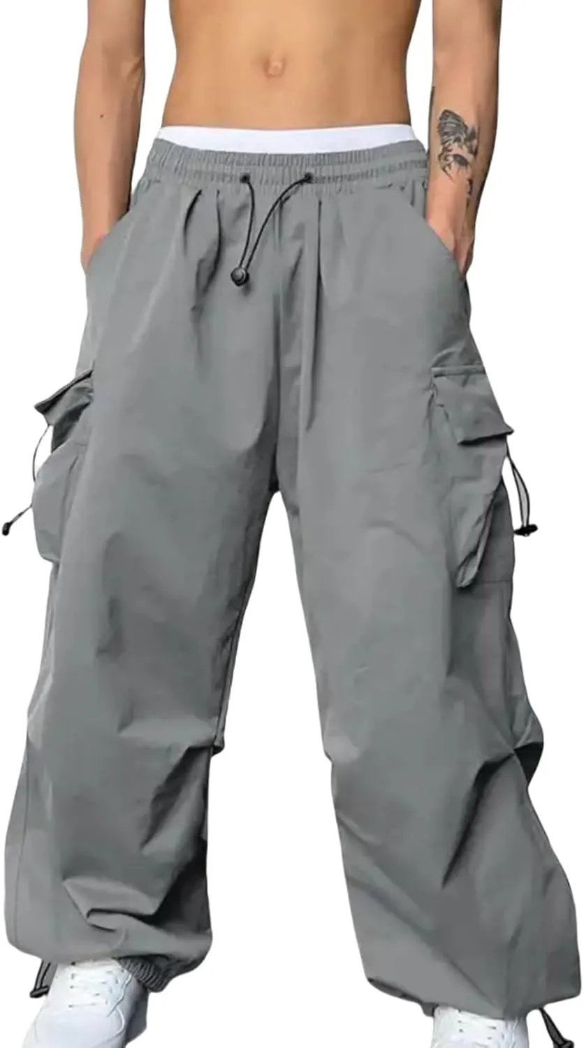Mens Hiking Parachute Pants High Waist Drawstring Travel Pants Summer Wide Leg Comfy Athletic Trousers with Pockets