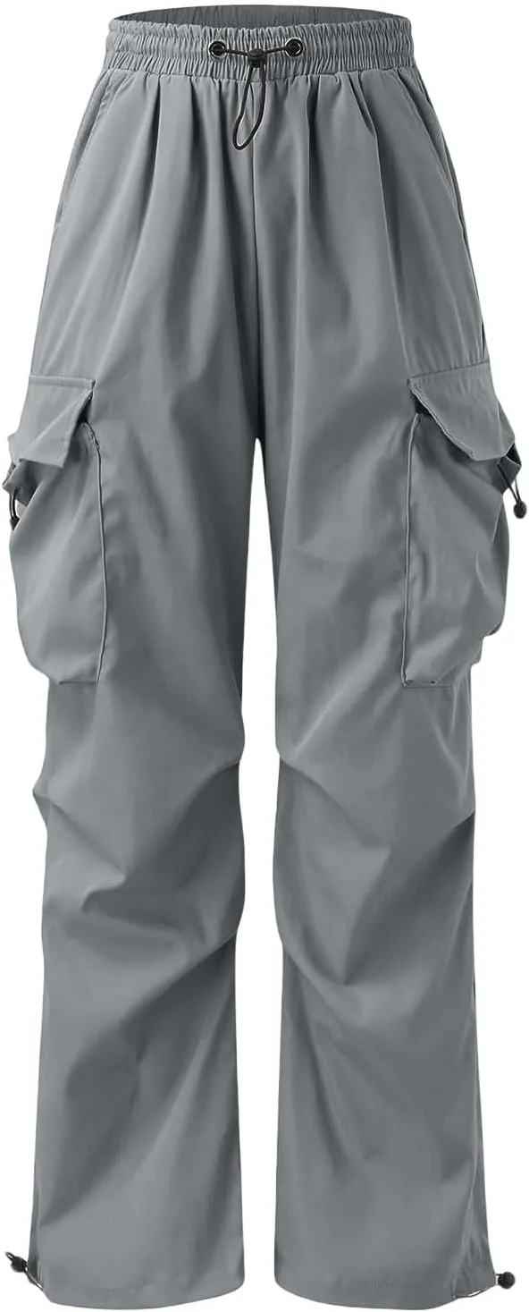 Mens Hiking Parachute Pants High Waist Drawstring Travel Pants Summer Wide Leg Comfy Athletic Trousers with Pockets