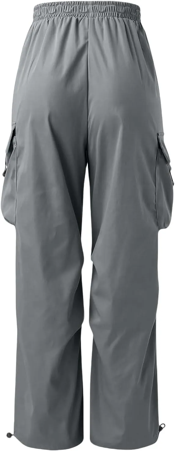 Mens Hiking Parachute Pants High Waist Drawstring Travel Pants Summer Wide Leg Comfy Athletic Trousers with Pockets
