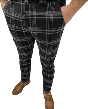 Mens Plaid Pants Skinny Dress Pants Stretch Slim Fit Business Casual Dress Chinos Pants for Men