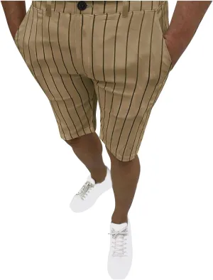 Mens Shorts Striped 9 Inch Work Golf Pants Slim Fit Elastic Waist Knee Length Button Trousers Streetwear