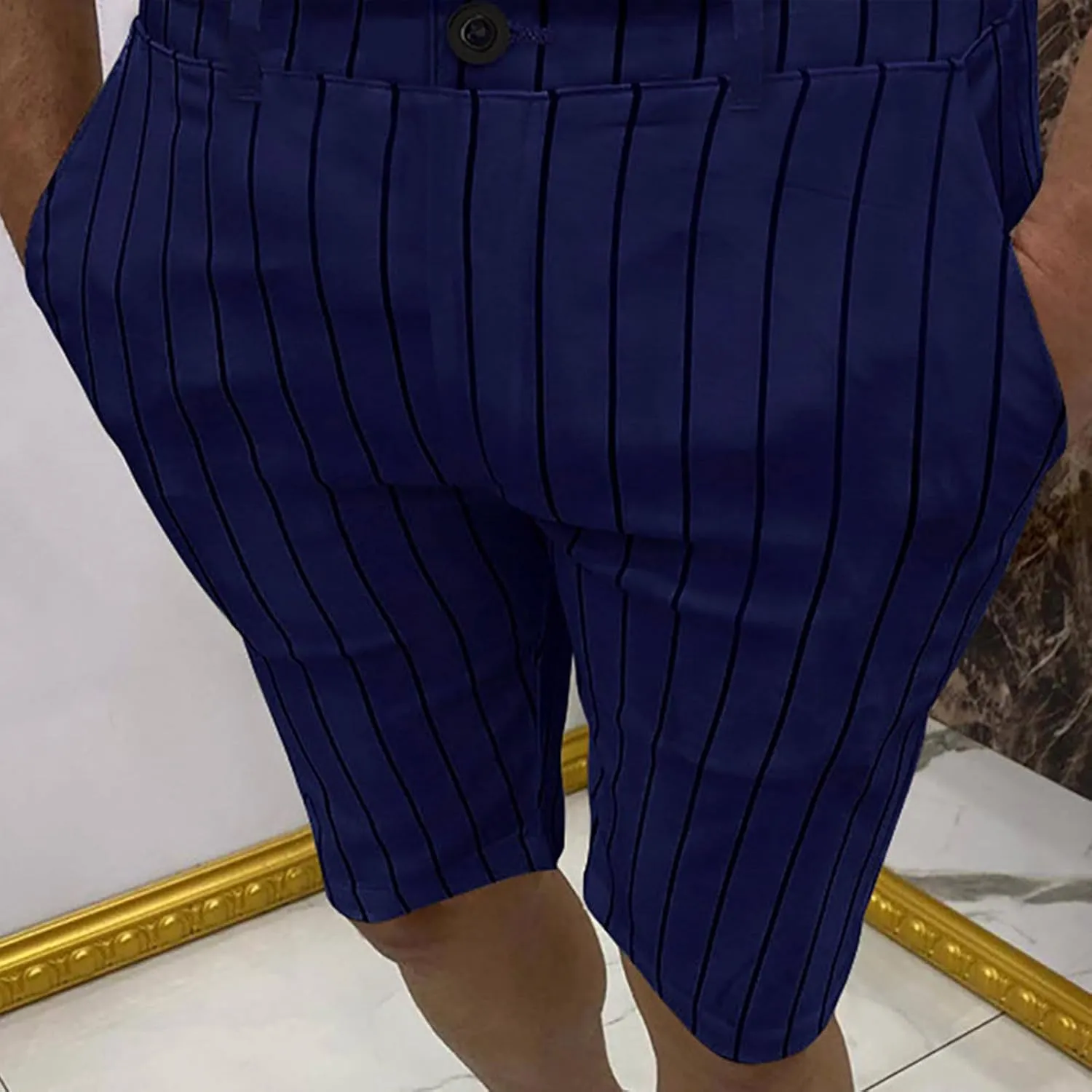 Mens Shorts Striped 9 Inch Work Golf Pants Slim Fit Elastic Waist Knee Length Button Trousers Streetwear