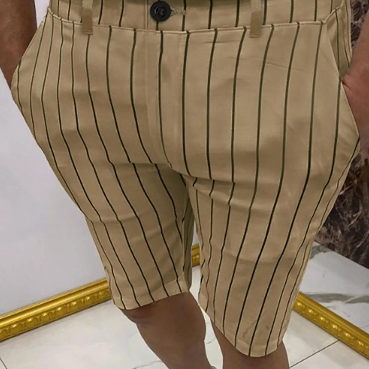 Mens Shorts Striped 9 Inch Work Golf Pants Slim Fit Elastic Waist Knee Length Button Trousers Streetwear