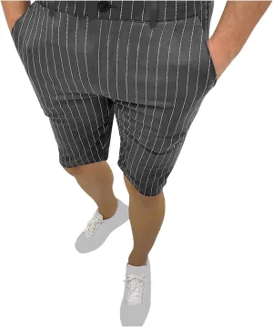 Mens Shorts Striped 9 Inch Work Golf Pants Slim Fit Elastic Waist Knee Length Button Trousers Streetwear
