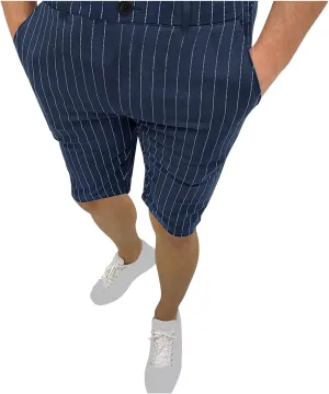 Mens Shorts Striped 9 Inch Work Golf Pants Slim Fit Elastic Waist Knee Length Button Trousers Streetwear