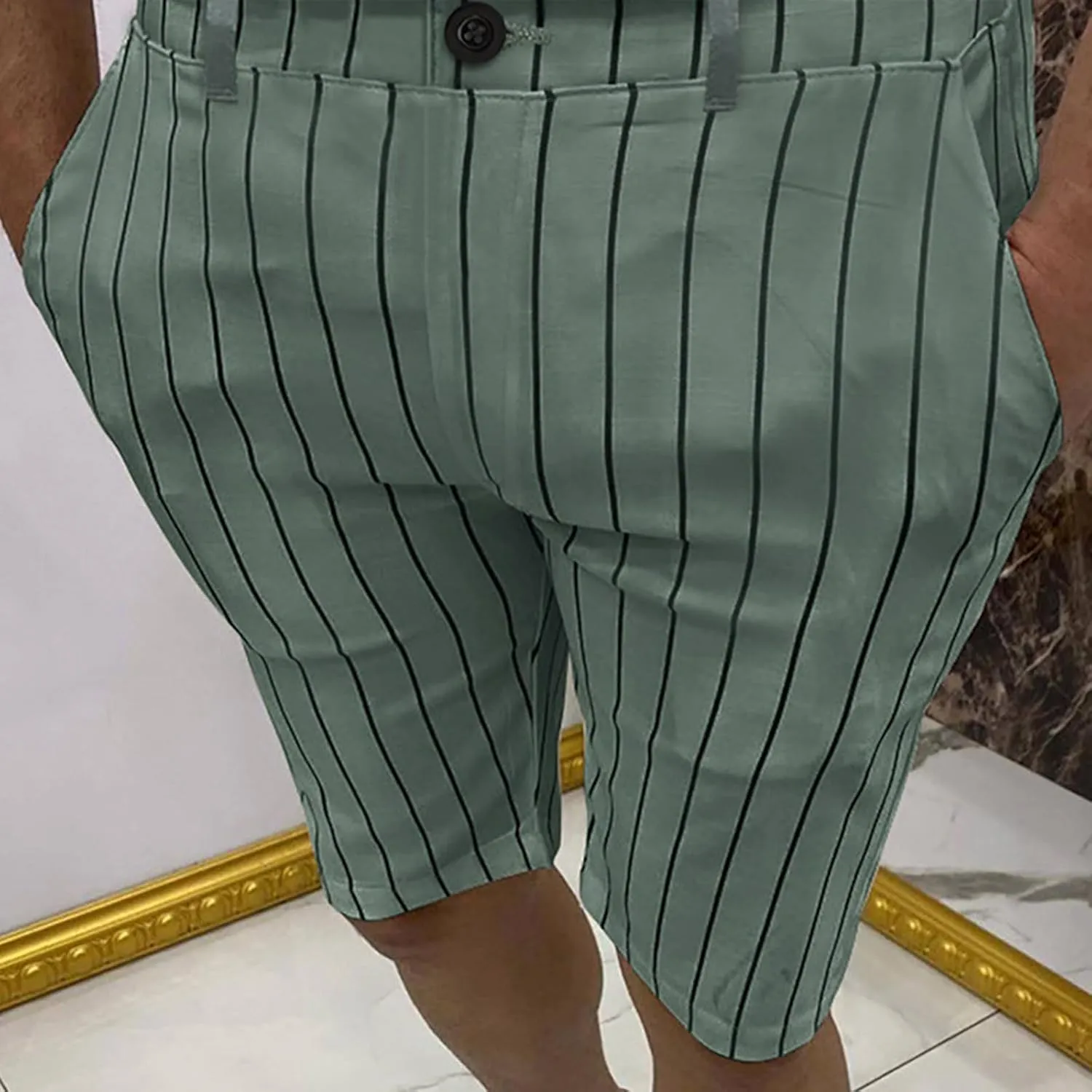 Mens Shorts Striped 9 Inch Work Golf Pants Slim Fit Elastic Waist Knee Length Button Trousers Streetwear