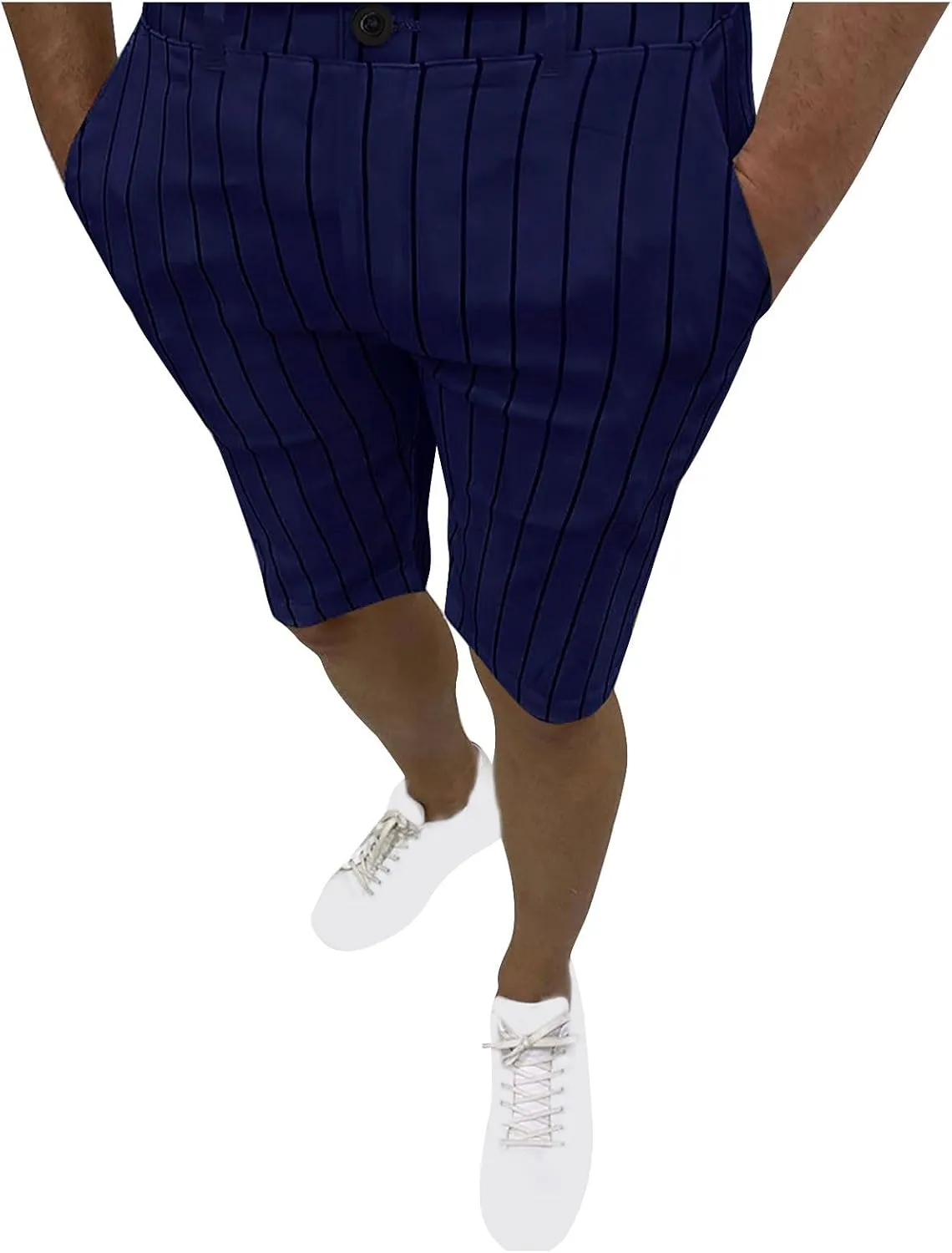 Mens Shorts Striped 9 Inch Work Golf Pants Slim Fit Elastic Waist Knee Length Button Trousers Streetwear