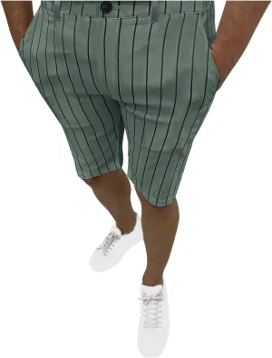 Mens Shorts Striped 9 Inch Work Golf Pants Slim Fit Elastic Waist Knee Length Button Trousers Streetwear