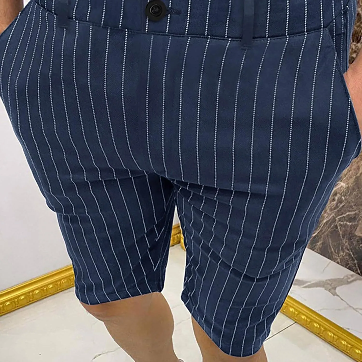 Mens Shorts Striped 9 Inch Work Golf Pants Slim Fit Elastic Waist Knee Length Button Trousers Streetwear