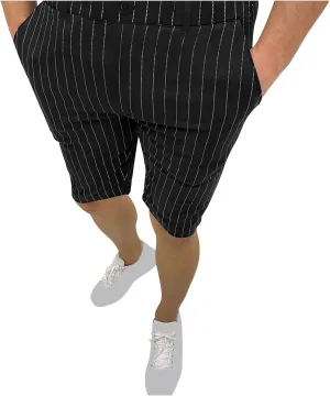 Mens Shorts Striped 9 Inch Work Golf Pants Slim Fit Elastic Waist Knee Length Button Trousers Streetwear