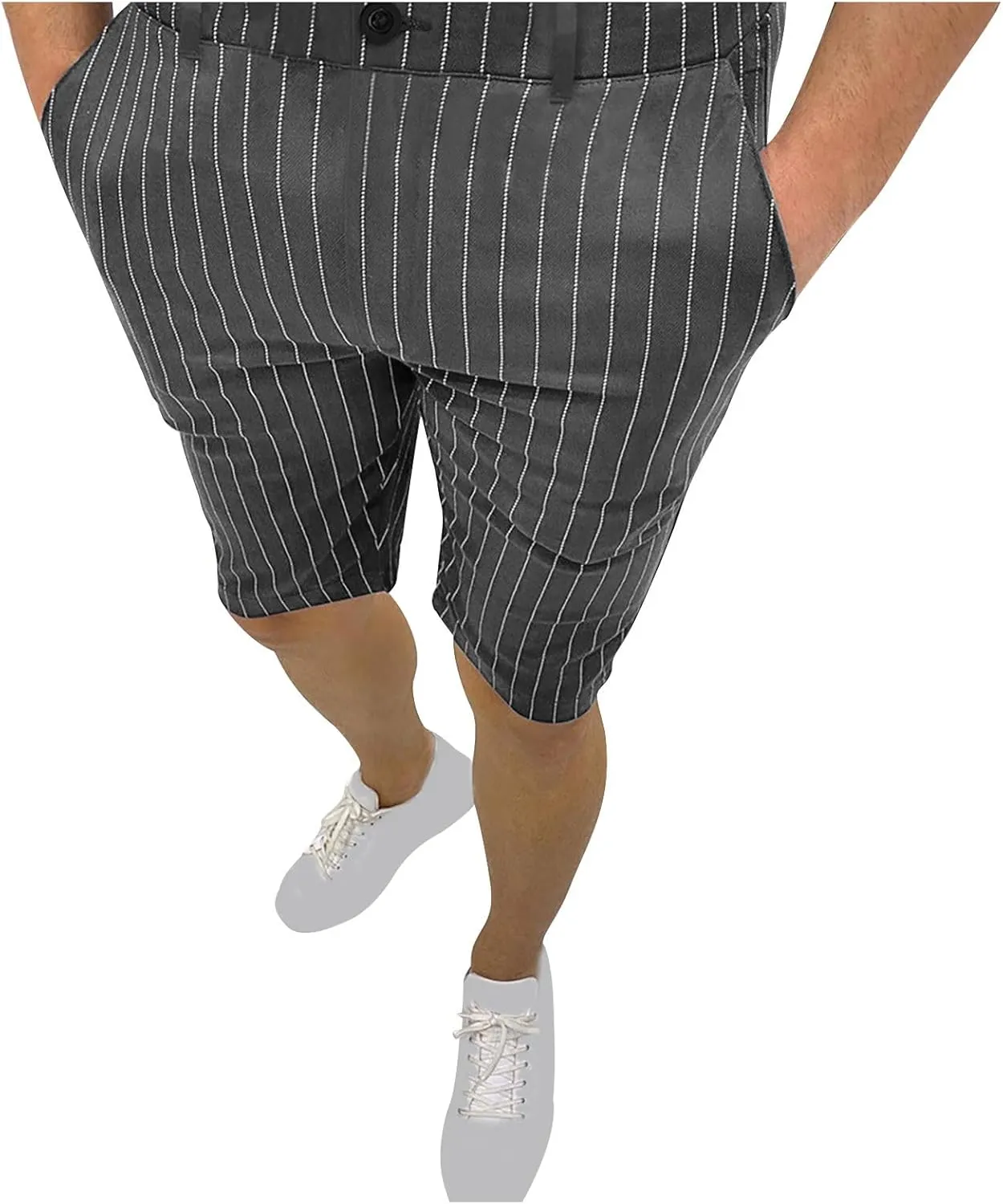 Mens Shorts Striped 9 Inch Work Golf Pants Slim Fit Elastic Waist Knee Length Button Trousers Streetwear