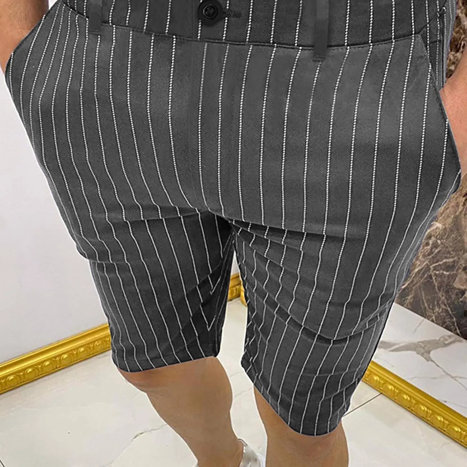 Mens Shorts Striped 9 Inch Work Golf Pants Slim Fit Elastic Waist Knee Length Button Trousers Streetwear
