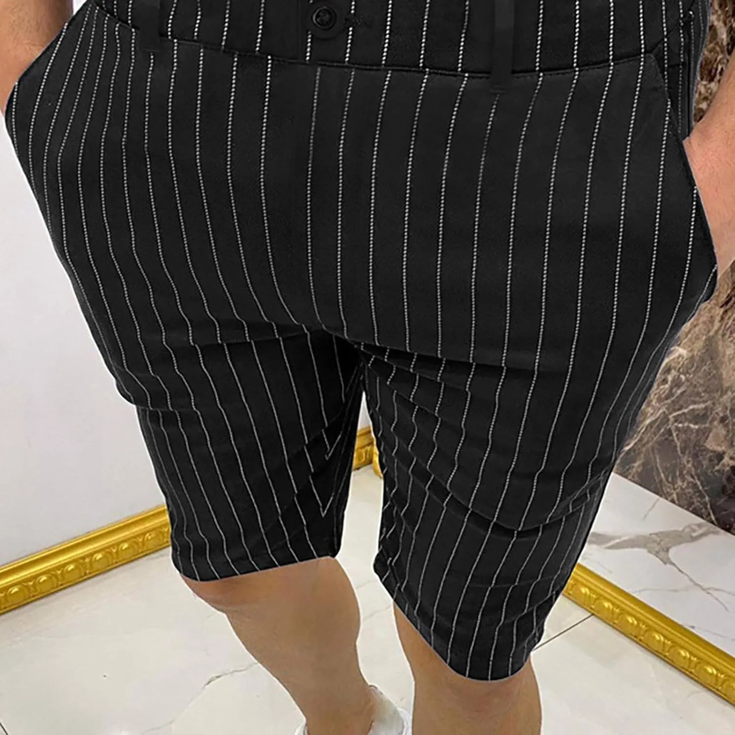 Mens Shorts Striped 9 Inch Work Golf Pants Slim Fit Elastic Waist Knee Length Button Trousers Streetwear