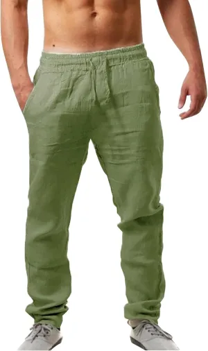 Mens Summer Lightweight Pants Elastic Waist Solid Color Trouser Beach Pants Outdoor Joggers with Pocket