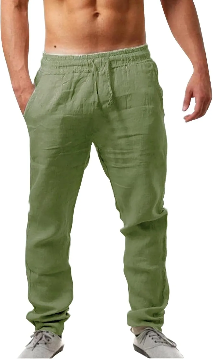 Mens Summer Lightweight Pants Elastic Waist Solid Color Trouser Beach Pants Outdoor Joggers with Pocket