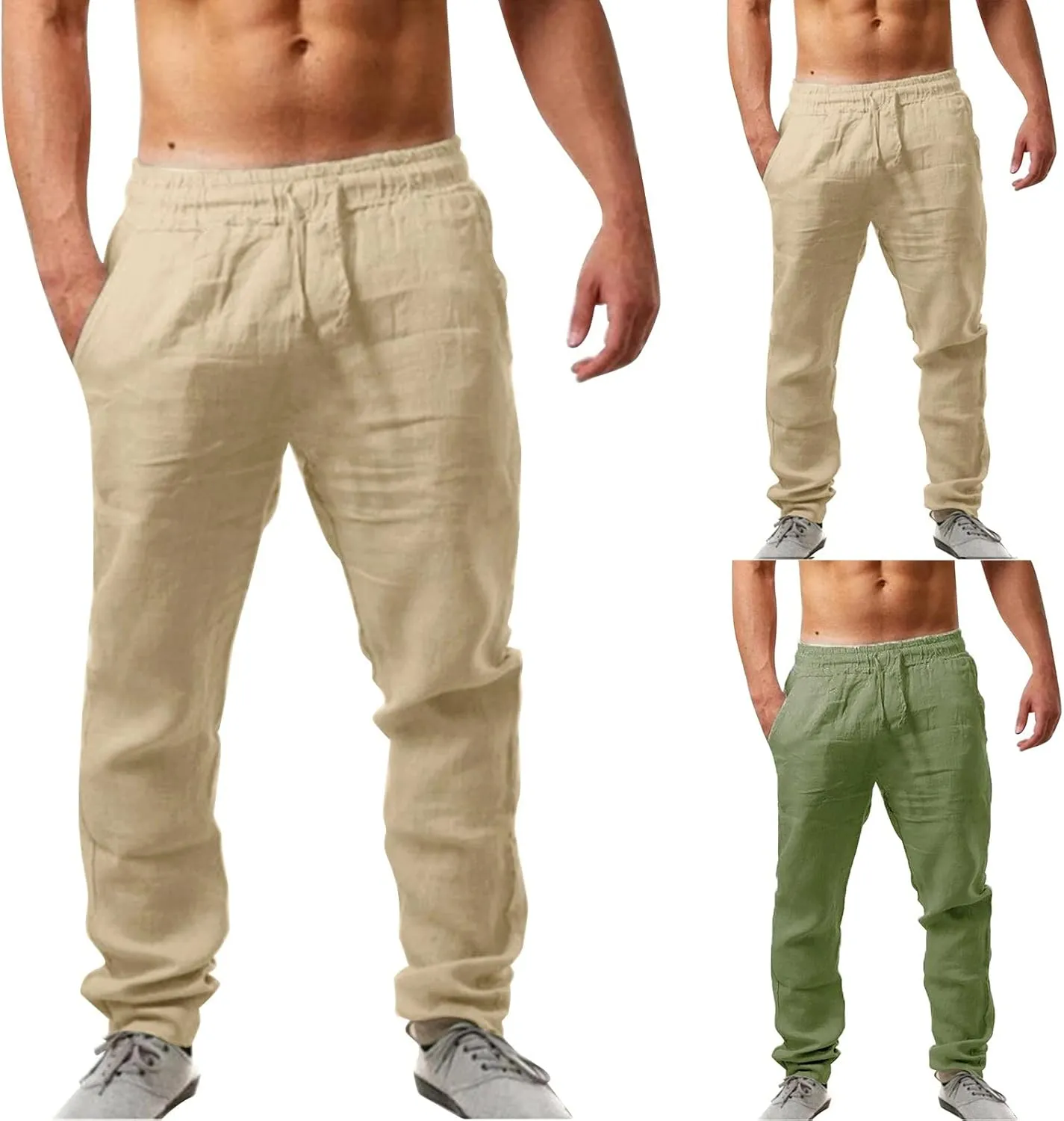 Mens Summer Lightweight Pants Elastic Waist Solid Color Trouser Beach Pants Outdoor Joggers with Pocket