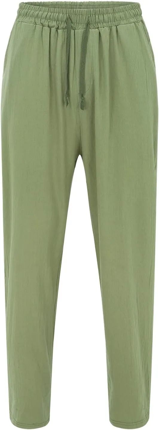 Mens Summer Lightweight Pants Elastic Waist Solid Color Trouser Beach Pants Outdoor Joggers with Pocket