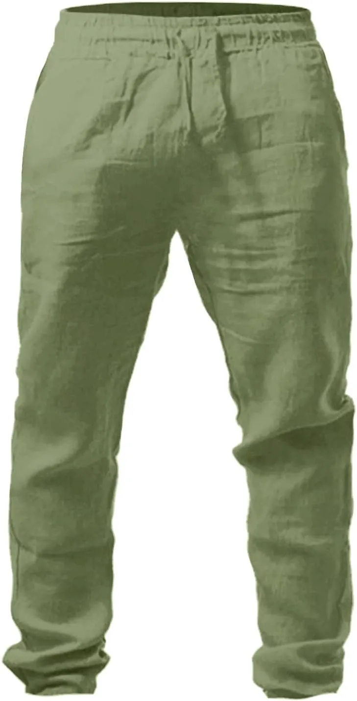 Mens Summer Lightweight Pants Elastic Waist Solid Color Trouser Beach Pants Outdoor Joggers with Pocket